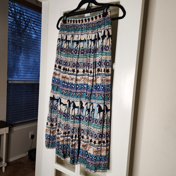 Vintage Phool Western Horse Bird Print Boho Crinkle Lightweight Midi Skirt Small - Picture 4 of 9